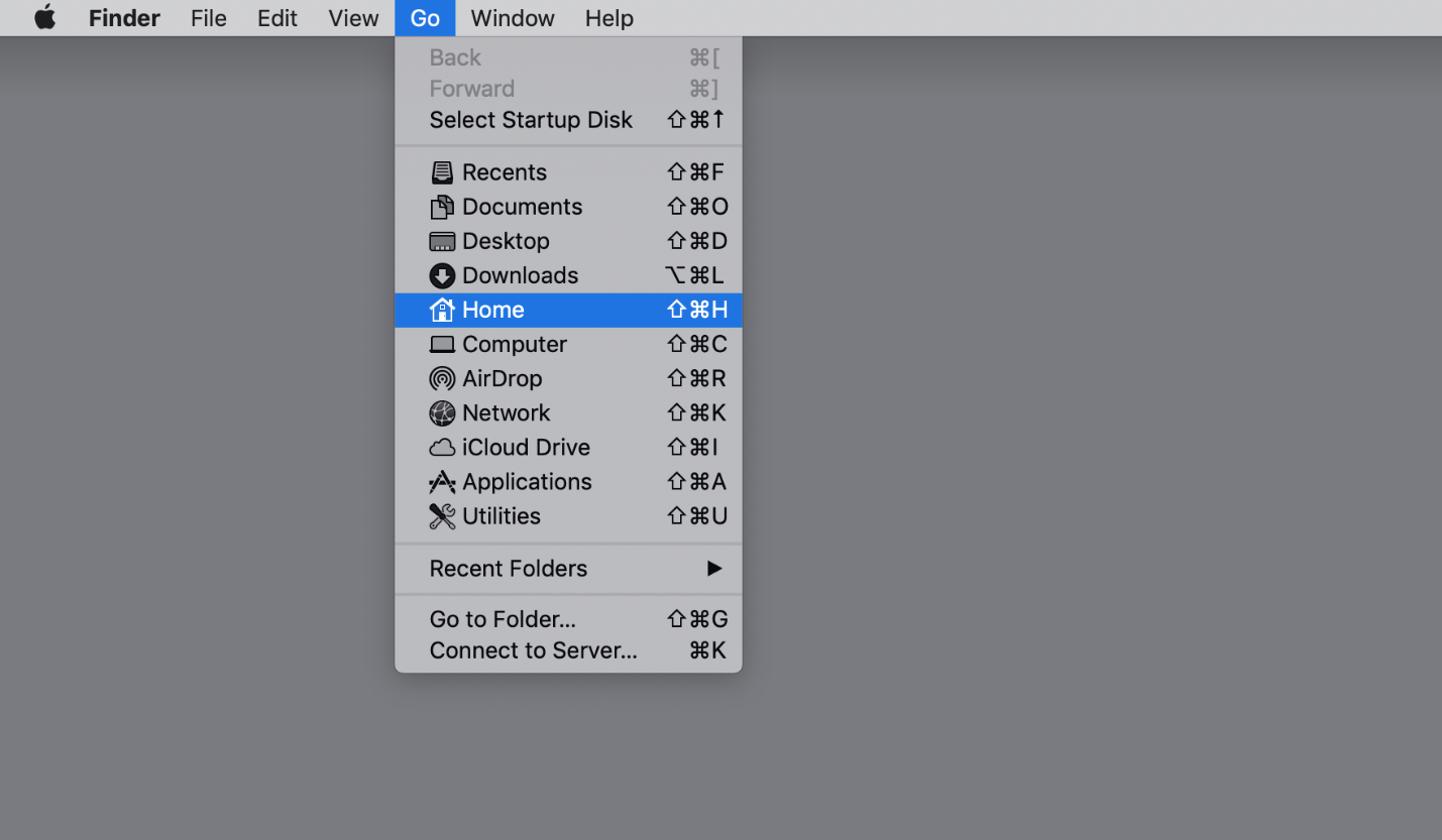 From the Finder menu, select Go > Home